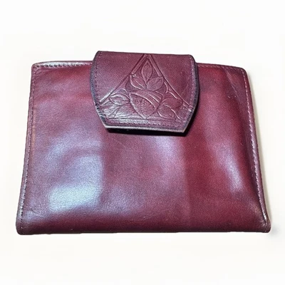 Moeda carteira vintage feminina Rolfs couro bovino genuíno trabalhada bi-dobrável Borgonha - Imagem 1 de 4