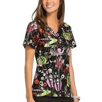 Disney Womens 3XL Nightmare Before Christmas RIP Jack Print Medical Scrub Top   - Image 1 of 4