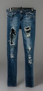 Pantalones de mezclilla VIP Y2K para mujer talla 3/4 azules desgastados ajustados tiro medio bolsillos - Imagen 1 de 6