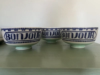 Anthropologie Bonjour Footed  Bowls Blue Green Set Of 3 Bistro Tile Coffee EUC - Image 1 of 4