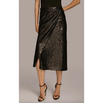 Donna Karan Faux Srap Sequin Skirt Midi Black High Waist Party Cocktail US 6 NWT - Image 1 of 4