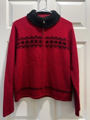 Cárdigan 100 % lana suéter chaqueta copos de nieve cremallera imitación piel cuello talla PM Foto 1 de 4