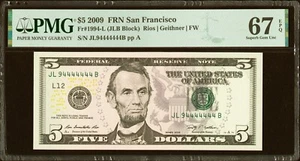Near Solid Seven In A Row Serial Number 94444444 San Fran 2009 $5 PMG 67 EPQ - Picture 1 of 2