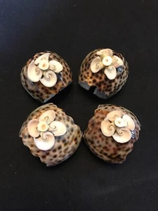 (4) Vintage Tiger Cowrie Sea Shell Napkin Rings With Seashell Flowers On Top - Picture 1 of 6