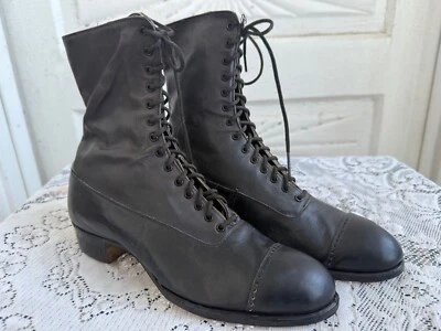 Antique 1910s Edwardian Womens Black Leather High Lace Up Boots sz-4-5 - Image 1 of 4