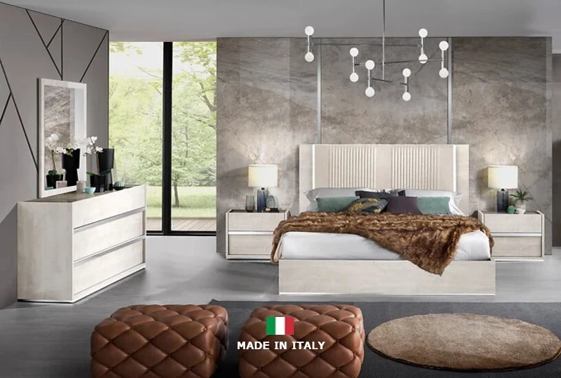 HECHO EN ITALIA 4 PIEZAS LED Queen King Dormitorio Contemporáneo Beige Brillo con Tapa de Mármol Foto 1 de 4