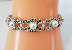 Vintage 925 Silber Gliederarmband Markasiten Kreuz Glieder Kunstperlen - Bild 1 von 14