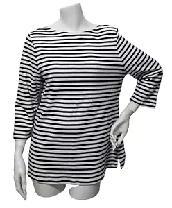 Isaac Mizrahi M Knit Top Shirt Black White Horizontal Stripes Boat Neck 3/4 Slv - Picture 1 of 5