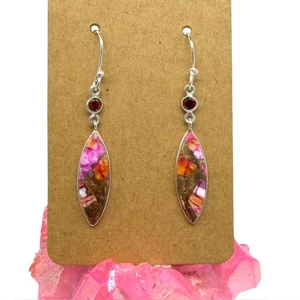 Kingman Pink Dahlia Turquoise Garnet Earrings 925 Sterling Silver - Picture 1 of 6