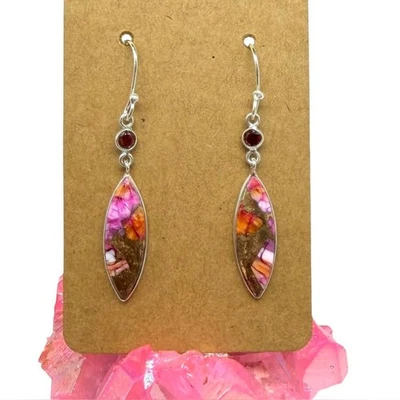 Kingman Pink Dahlia Turquoise Garnet Earrings 925 Sterling Silver - Image 1 of 4