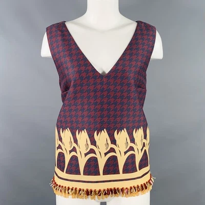 MOTHER OF PEARL Size 8 Navy Yellow Wool Silk Houndstooth Sleeveless Casual Top — 第 1/4 张图片