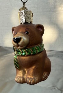 OWC Old World Ornaments Christmas Blown Glass Teddy Bear With Green Bow Tree - Picture 1 of 6
