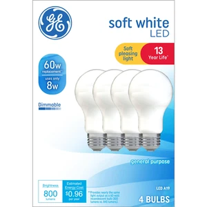 60W Soft White A19 Frosted Bulbs with Medium Base - Pack of 4 - Picture 1 of 15