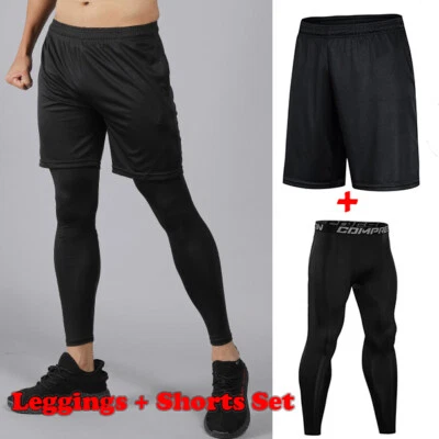 Men's Compression Tight Leggings + Sports Shorts Gym Running Pants Workout Set - Image 1 of 4