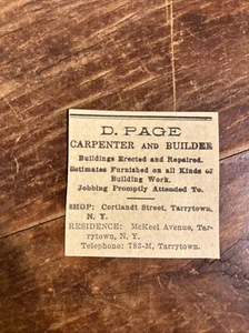D. Page carpenter builder Cortlandt Street Tarrytown New York August 1917 Ad - Picture 1 of 2