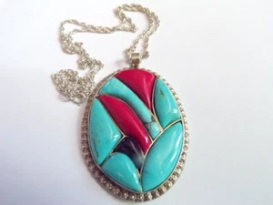 LRG VINTAGE STERLING NAVAJO MULTI EDELSTEIN INDIANER ANHÄNGER HALSKETTE 2000 - Bild 1 von 6