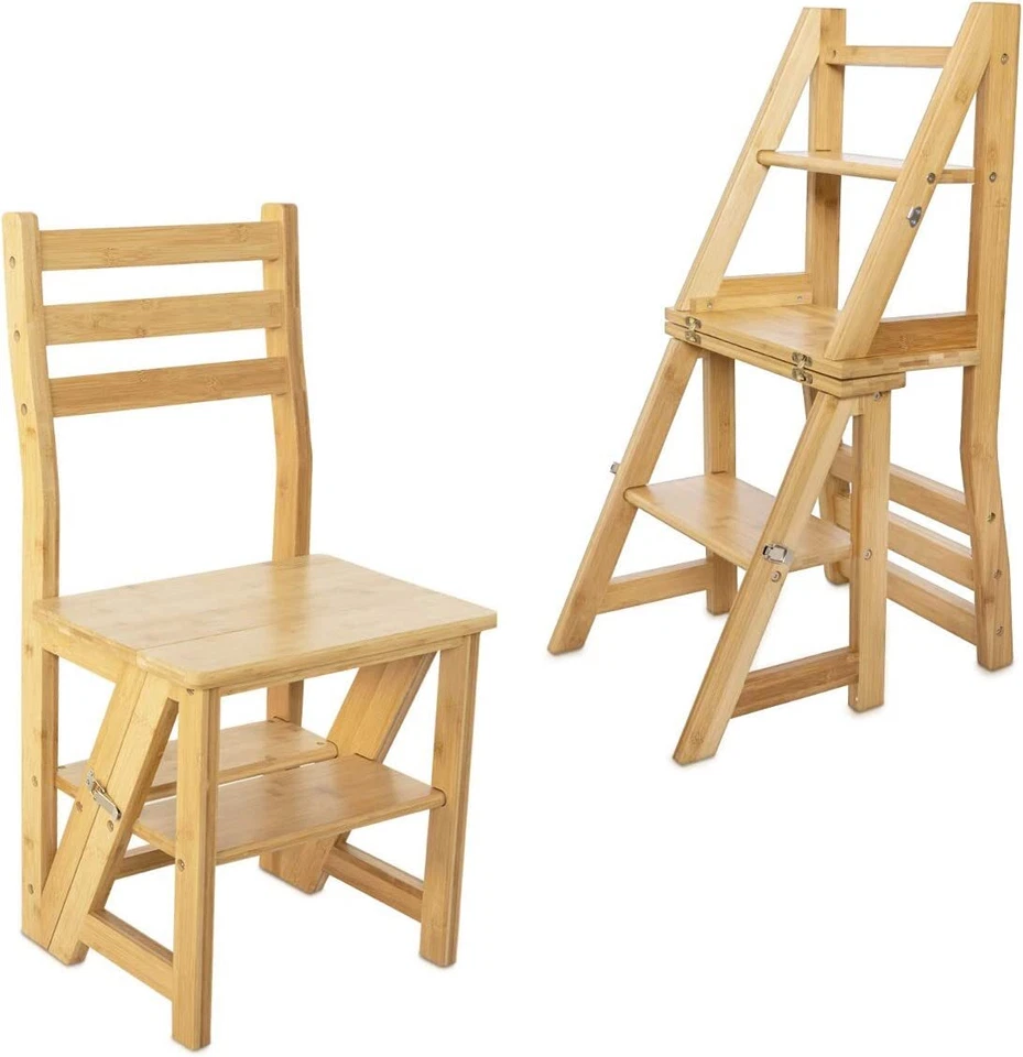 Bamboo Folding Fold up Library Step Ladder Chair Home Kitchen Office Restaurant