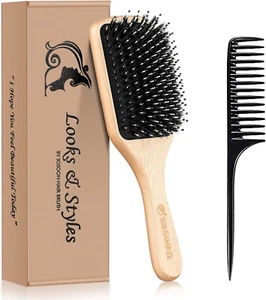 Hair Brush, Sosoon Boar Bristle Paddle Hairbrush for Long Thick Curly Wavy Dry - Picture 1 of 12