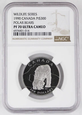 Canada 1990 $300 1 Oz Platinum Proof Coin NGC PF70 UC Wildlife - Polar Bears - Image 1 of 4