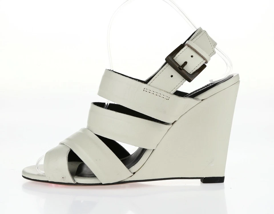 Sandalias modernas vintage de cuero marfil con tiras de cuña alta para mujer talla 38,5 nuevas Foto 1 de 4