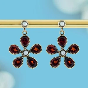 9K Gold Natural Pearl and Garnet Vintage Style Floral Earrings - Picture 1 of 6