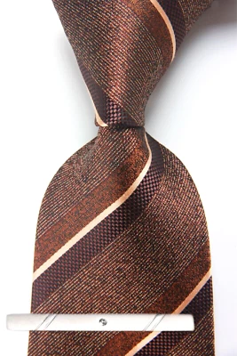 New Classic Striped Brown JACQUARD WOVEN 100% Silk Men's Necktie Tie - Image 1 of 4