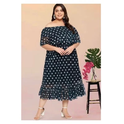 Maxi Vestido Mlle Gabrielle Azul Marino Lunares Hombro Descubierto Talla 3X Cintura Elástica Volantes Foto 1 de 4