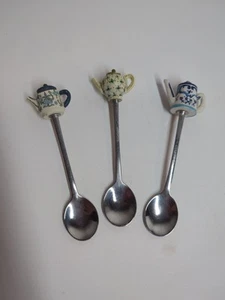 Vintage Teapot Spoon Set of 3 Blue & White Patterns - Picture 1 of 7