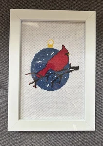 Vintage Framed Needlepoint Cardinal on Snowy Tree Branch 18m Ornament Red Bird - Picture 1 of 9