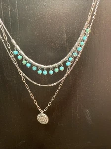 Chaps Faux Turquoise 3 Tier Layered Silver Tone Necklace Southwestern Native VTG - Picture 1 of 14