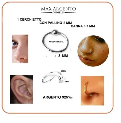 1 Orecchino 8 mm Piercing Cerchio Naso Pallina Cartilagine Trago Argento 925  - Immagine 1 di 2