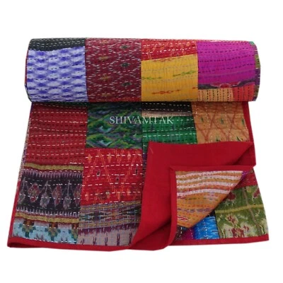 Patchwork de seda vintage Kantha bordado Queen King Throw Bed Flat 225x275cm Foto 1 de 4