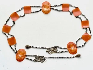 Unusual Antique Art Nouveau Coral Celluloid Chain Belt Filigree Dangles Stunning - Picture 1 of 7