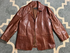 60s Vtg Identify Patent Soft Leather Jacket Coat Parka Men Brown Canada Made 44R - Picture 1 of 18