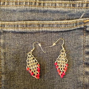 Chainmail Red Glass Diamond Earrings - Picture 1 of 6