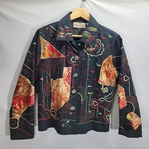 New Direction Artsy Embroidered Jacket SZ Med Black Button Art Colorful Whimsica - Picture 1 of 12