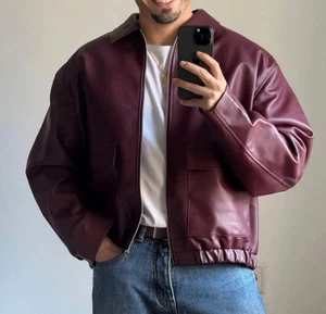 Herren Echt Lammleder Bomber Lederjacke Burgund Luxe Varsity Fit Style Jacke - Bild 1 von 12