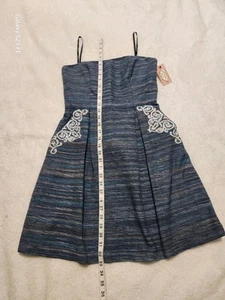 PHOEBE COUTURE Blue purple Striped Silk Blend Strapless Embroidered Dress Sz 4 - Picture 1 of 6