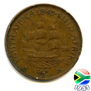 A SOUTH AFRICA 1943 GEORGE VI HALFPENNY ½d coin, 82 Years Old!   (Re: 1943_34/5) - Picture 1 of 2