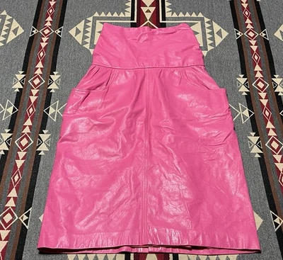 Emanuel Ungaro Leather Midi Skirt Womens XS Pink High Waist 80s Italy T34 - Image 1 of 4