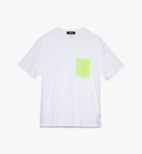 $225 MCM Men's White Cotton Neon Yellow Nylon Pocket Flo T-Shirt MHT9ALC07WT - Picture 1 of 12