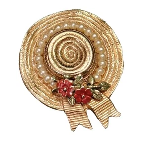 CINER Sun Bonnet Hat Brooch - Enamel Flowers Small Pearls Gold Tone - Picture 1 of 15