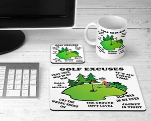 GOLF EXCUSES - MUG, COASTER, MOUSE MAT,  Funny Birthday, Xmas, Fathers Day Gifts - Picture 1 of 9