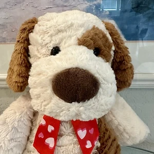 DanDee Ceam Plush Puppy Dog Brown Spot Patch Eye Ears Red Heart Bow Valentine's - Picture 1 of 10