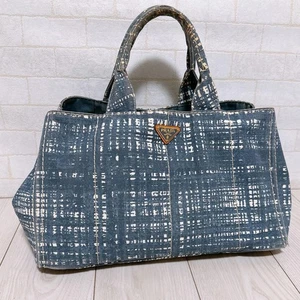 PRADA Tote Bag Denim Blue Logo Inner Pocket Shoulder Handbag Casual Everyday - Picture 1 of 24
