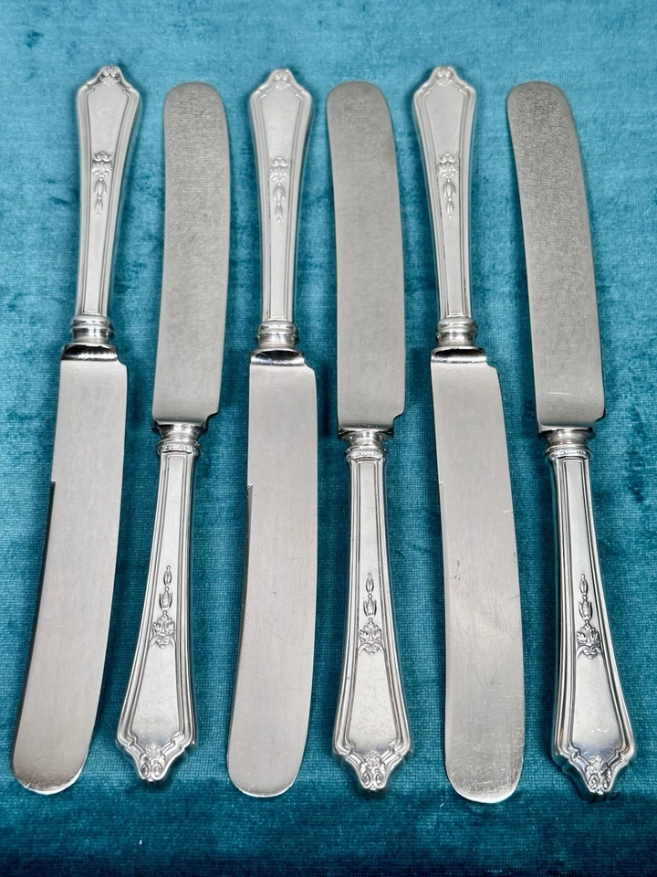 Set/6 GORHAM EP ANTIQUE c1914 SHELBURNE OLD FRENCH HOLLOW KNIVES w Storage Bag - Image 1 of 4