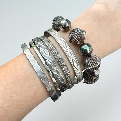 Vintage Mexico Style Silver Bangle Bracelet Stack Southwest Twist Jewelry Lot - Image 1 of 4