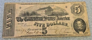 1862 $5 CSA CONFEDERATE STATES OF AMERICA NOTE (3133) - Picture 1 of 2