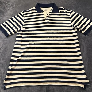 Eddie Bauer Polo Shirt Mens Large Beige Blue Striped Short Sleeve Golf Casual - Picture 1 of 9