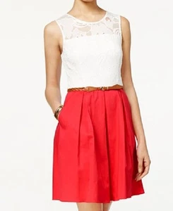 BCX Damen Kleid Spitze Gürtel Fit & Flare rot und weiß Größe 7 - Bild 1 von 5